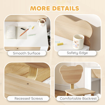 Kids' Desk and Chair Set with Storage Drawer and Bear Backrest - Natural & White