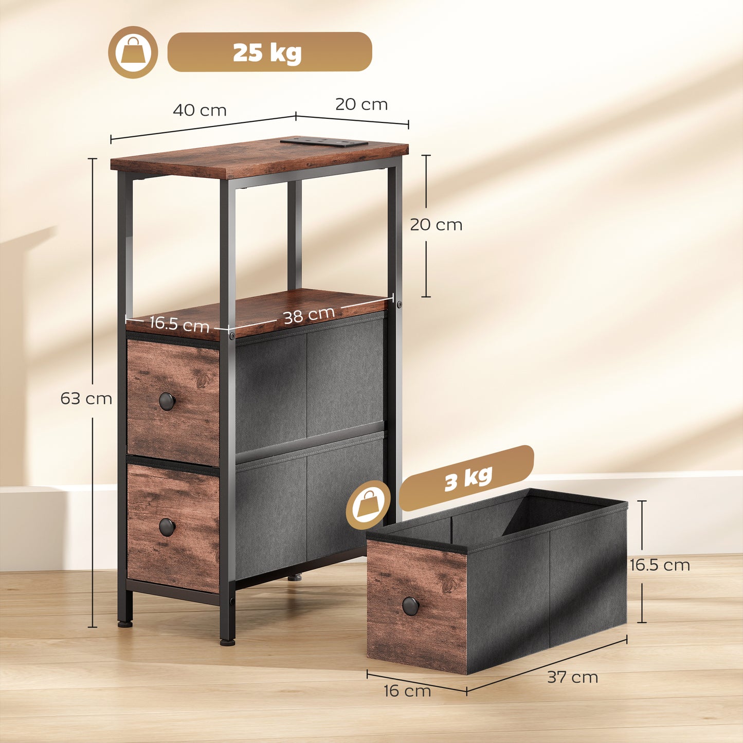 Side Table, Narrow Bedside Table with Charging Station, 2 Drawers