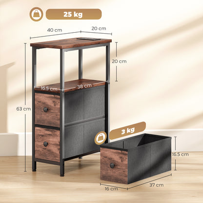 Side Table, Narrow Bedside Table with Charging Station, 2 Drawers