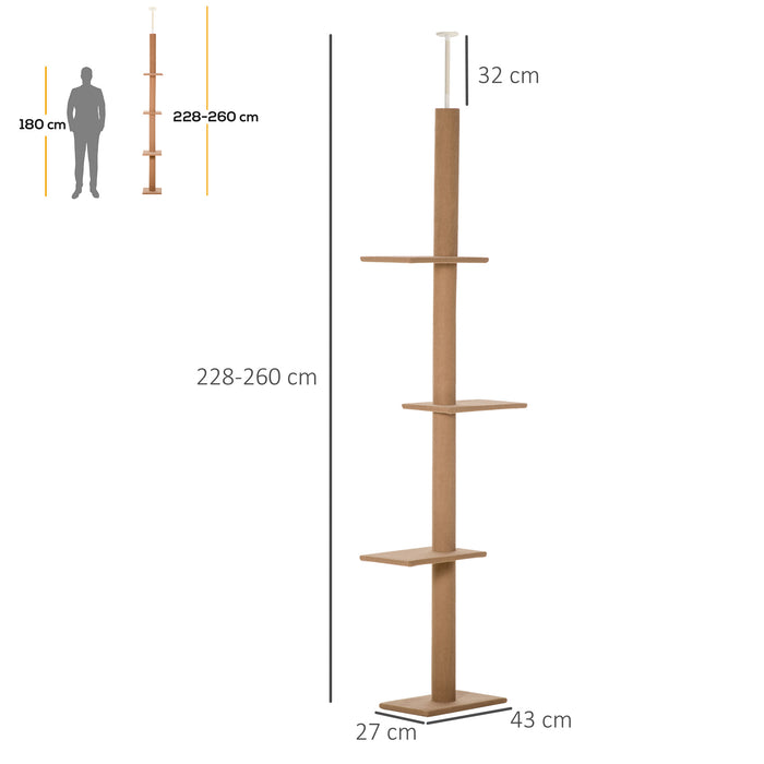 260cm Floor To Ceiling Cat Tree w/ 3 Perches Flannel Upholstery Kitten Pet Rest Sleep Activity Tower Home Furniture Brown