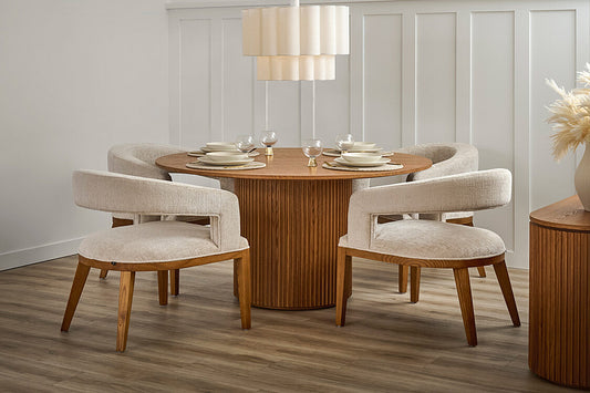Ophelia Chestnut Circular Dining Table and 4 Madison Light Taupe Dining Chairs