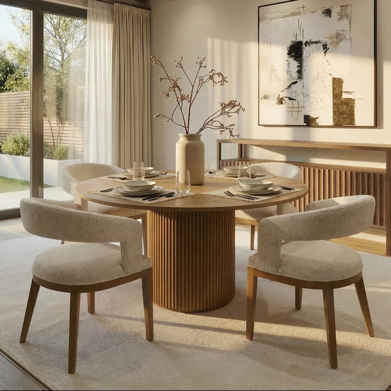 Ophelia Chestnut Circular Dining Table and 4 Madison Light Taupe Dining Chairs