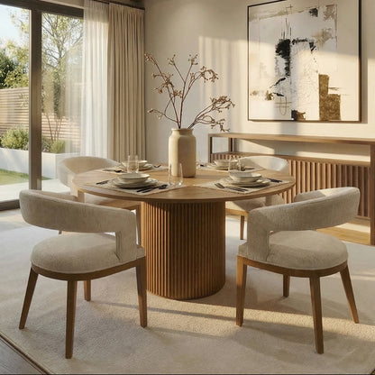 Ophelia Chestnut Circular Dining Table and 4 Madison Light Taupe Dining Chairs