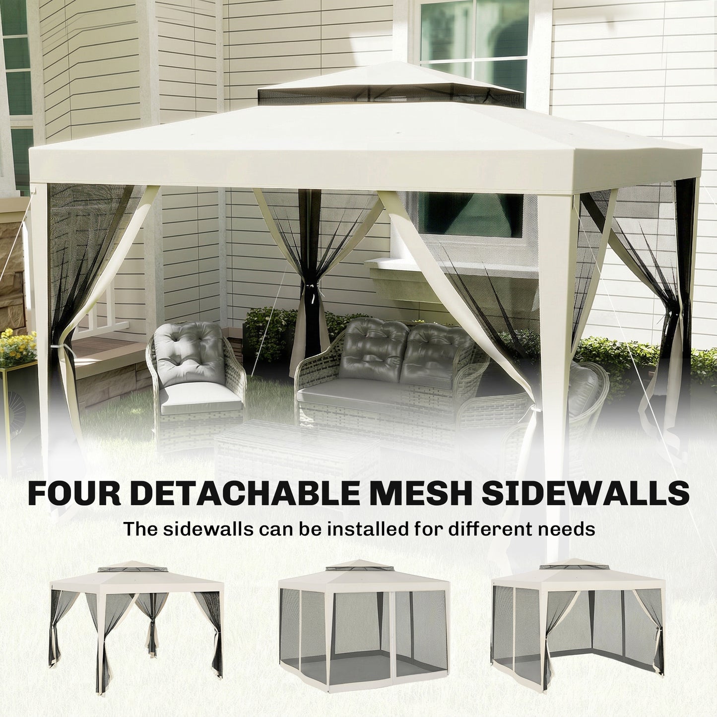 3 x 3 m Gazebo, Netting Party Tent w/ Double Tier Roof, Cream White