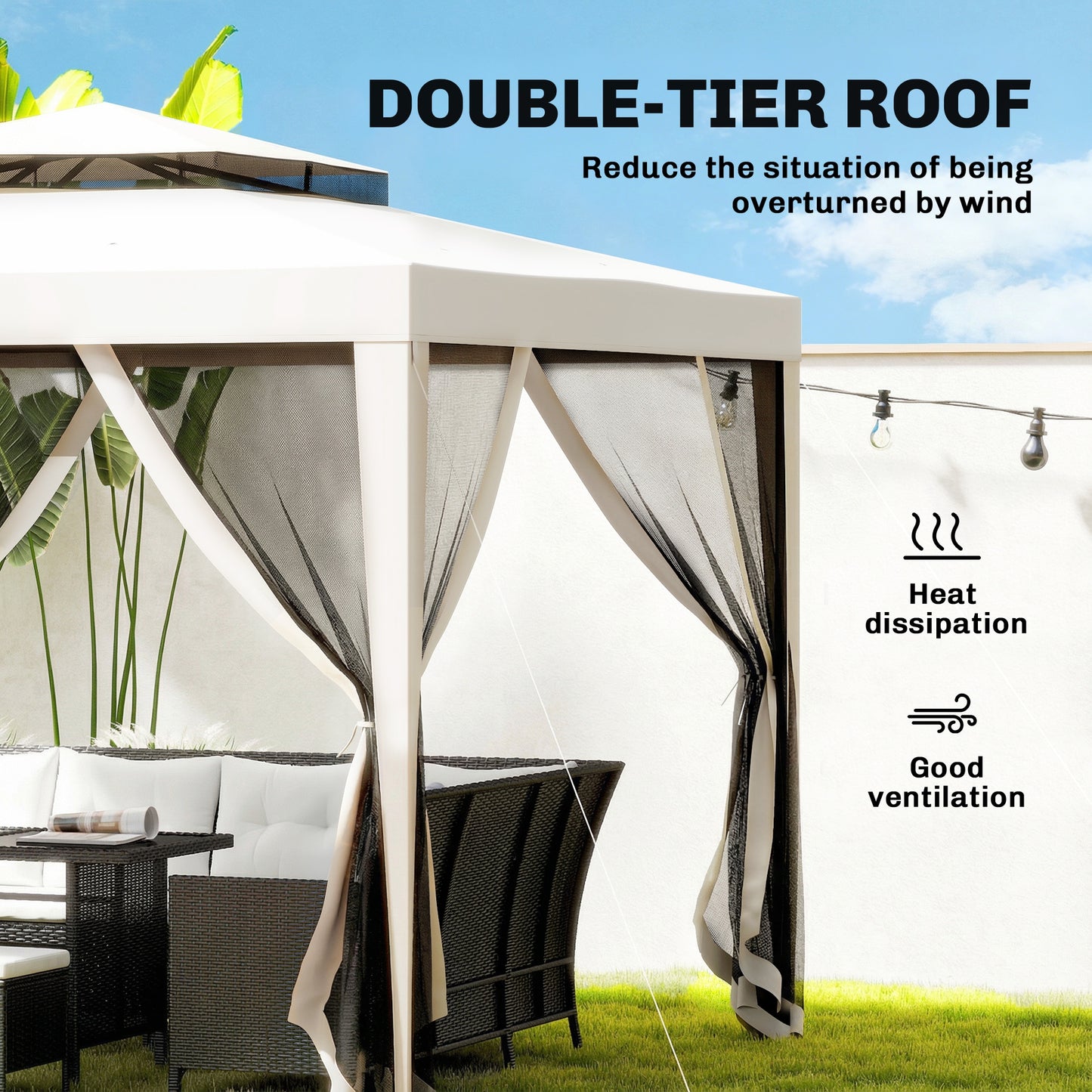 3 x 3 m Gazebo, Netting Party Tent w/ Double Tier Roof, Cream White