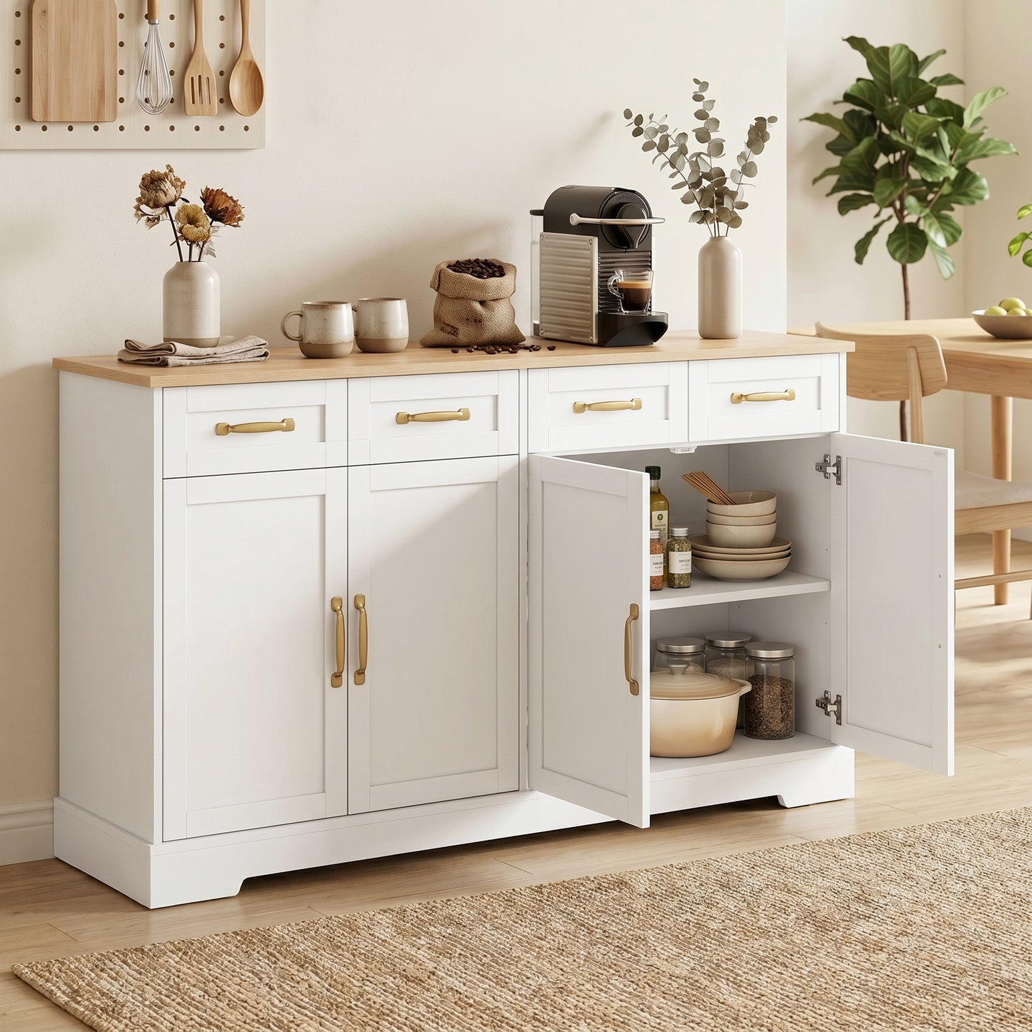 Sideboard with 4 Drawers, 4 Doors and 2 Adjustable Shelves, White