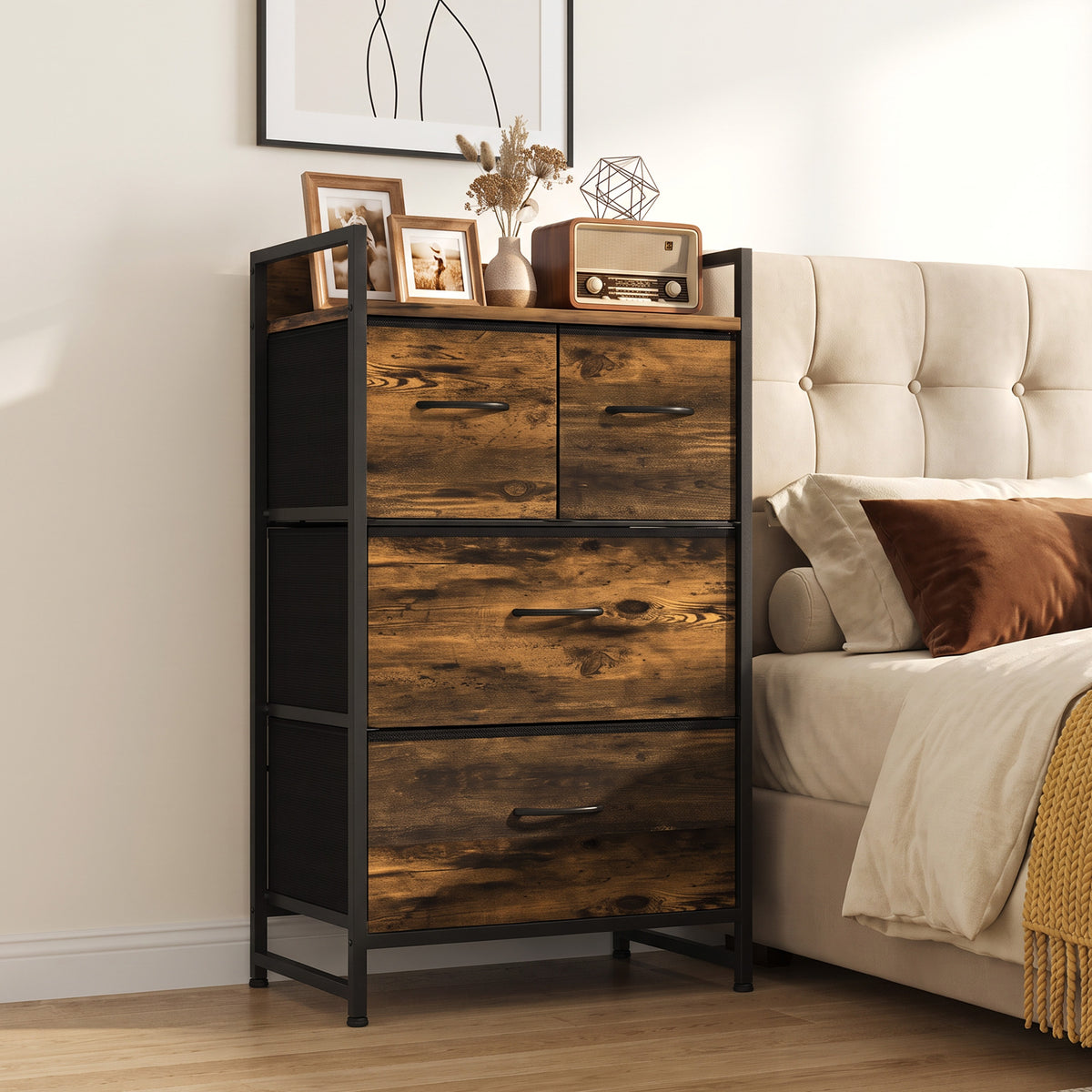 4-Drawer Fabric Chest with Top Shelf and Steel Frame - Rustic Brown & Black