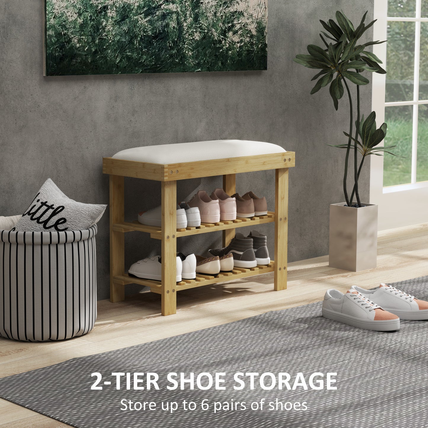 3-Tier Shoe Storage Bench, Bamboo Shoe Rack for Entryway, Cream