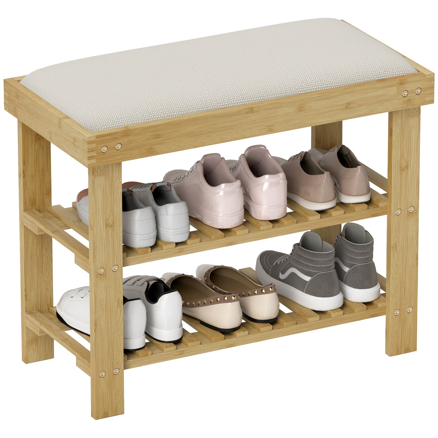 3-Tier Shoe Storage Bench, Bamboo Shoe Rack for Entryway, Cream