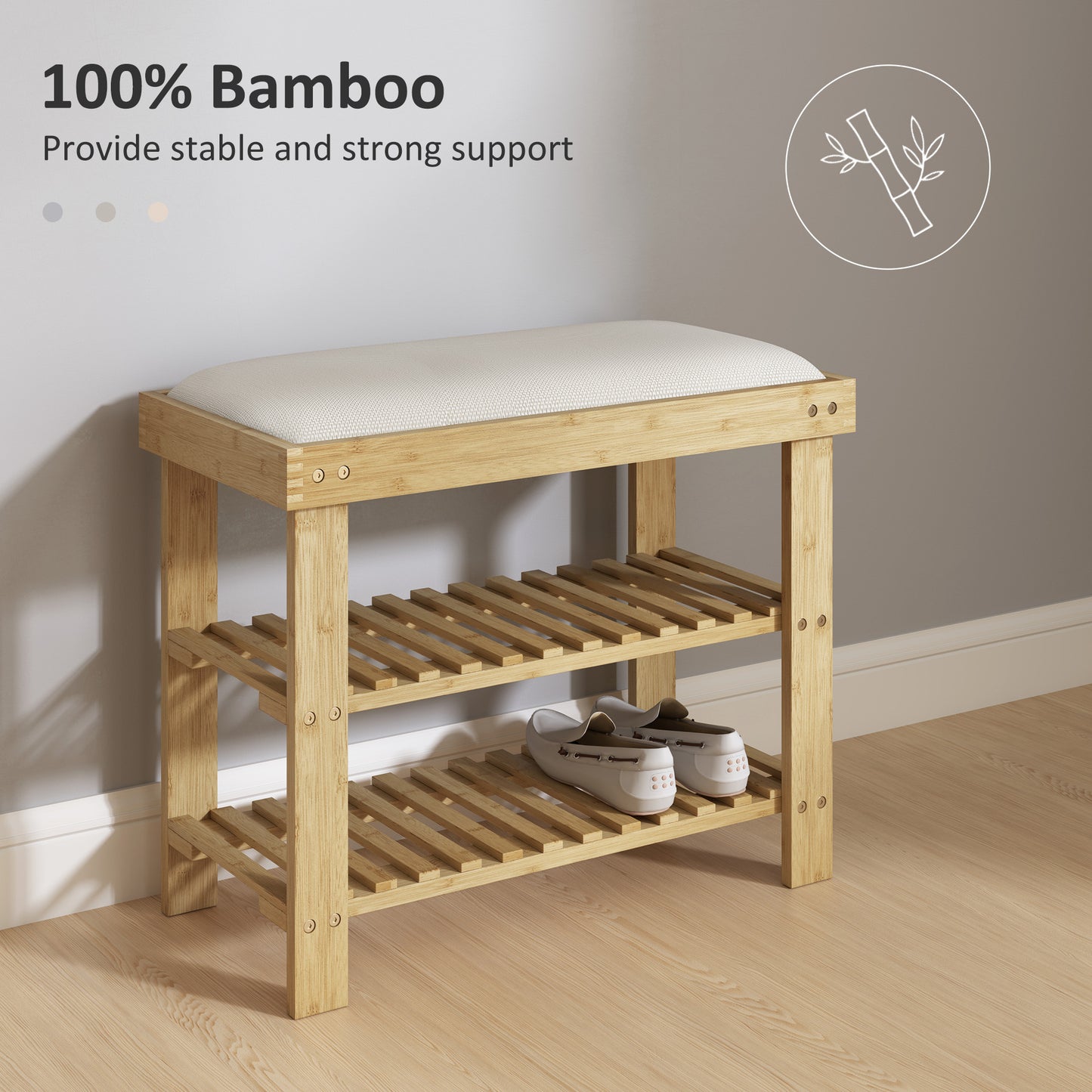 3-Tier Shoe Storage Bench, Bamboo Shoe Rack for Entryway, Cream