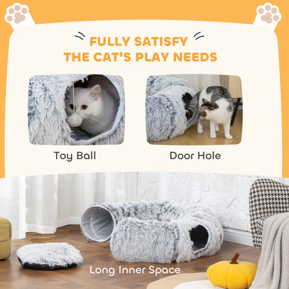 Cat Tunnel for Indoor Cats, 90cm Large Donut Play Tunnel Bed with Washable Cushion, Toy Ball and Door Hole, Pet Play Rabbit Tube Toy, Light Grey