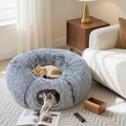Cat Tunnel for Indoor Cats, 90cm Large Donut Play Tunnel Bed with Washable Cushion, Toy Ball and Door Hole, Pet Play Rabbit Tube Toy, Light Grey