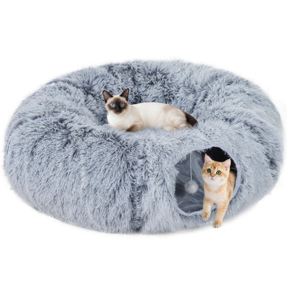 Cat Tunnel for Indoor Cats, 90cm Large Donut Play Tunnel Bed with Washable Cushion, Toy Ball and Door Hole, Pet Play Rabbit Tube Toy, Light Grey