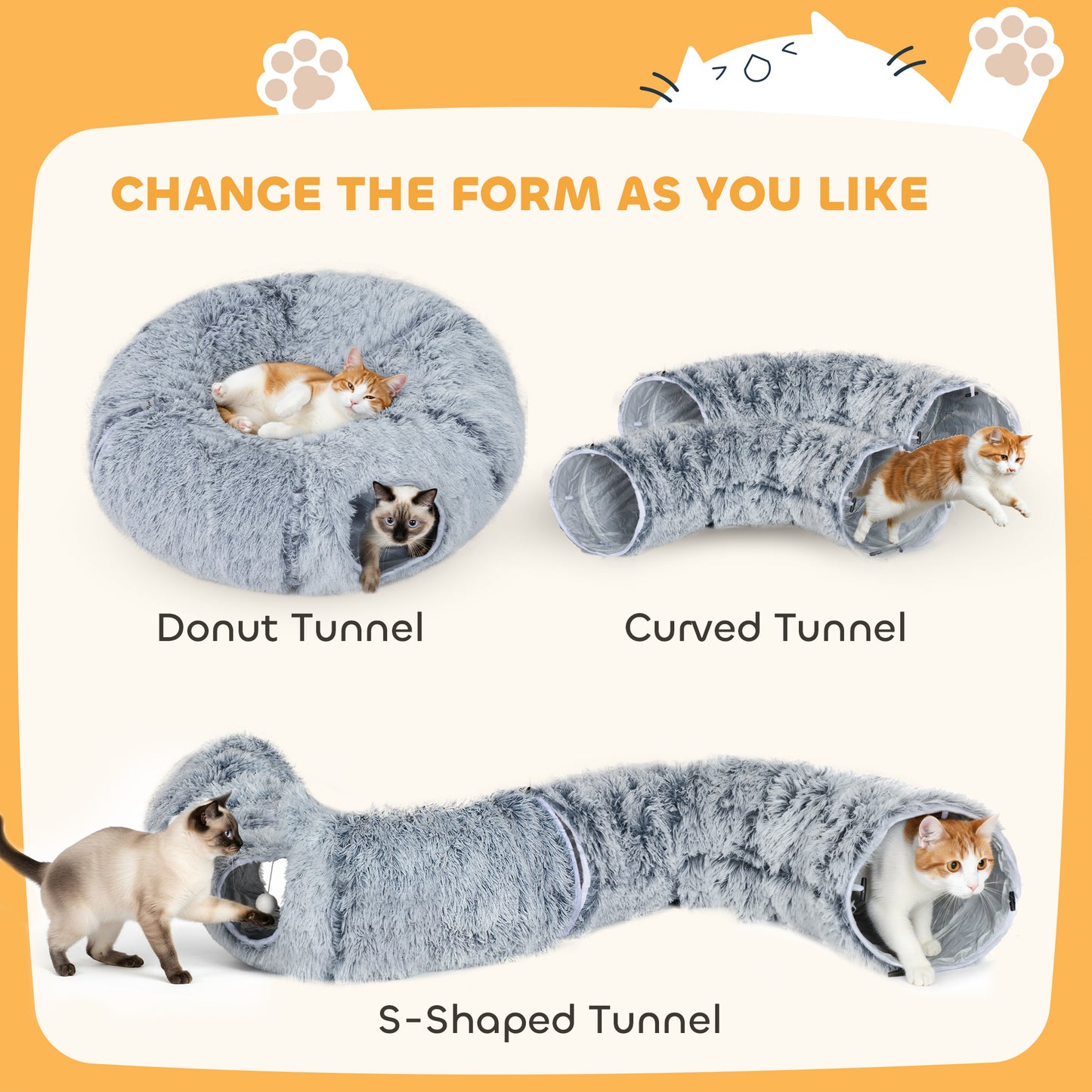 Cat Tunnel for Indoor Cats, 90cm Large Donut Play Tunnel Bed with Washable Cushion, Toy Ball and Door Hole, Pet Play Rabbit Tube Toy, Light Grey
