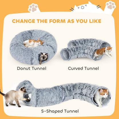 Cat Tunnel for Indoor Cats, 90cm Large Donut Play Tunnel Bed with Washable Cushion, Toy Ball and Door Hole, Pet Play Rabbit Tube Toy, Light Grey