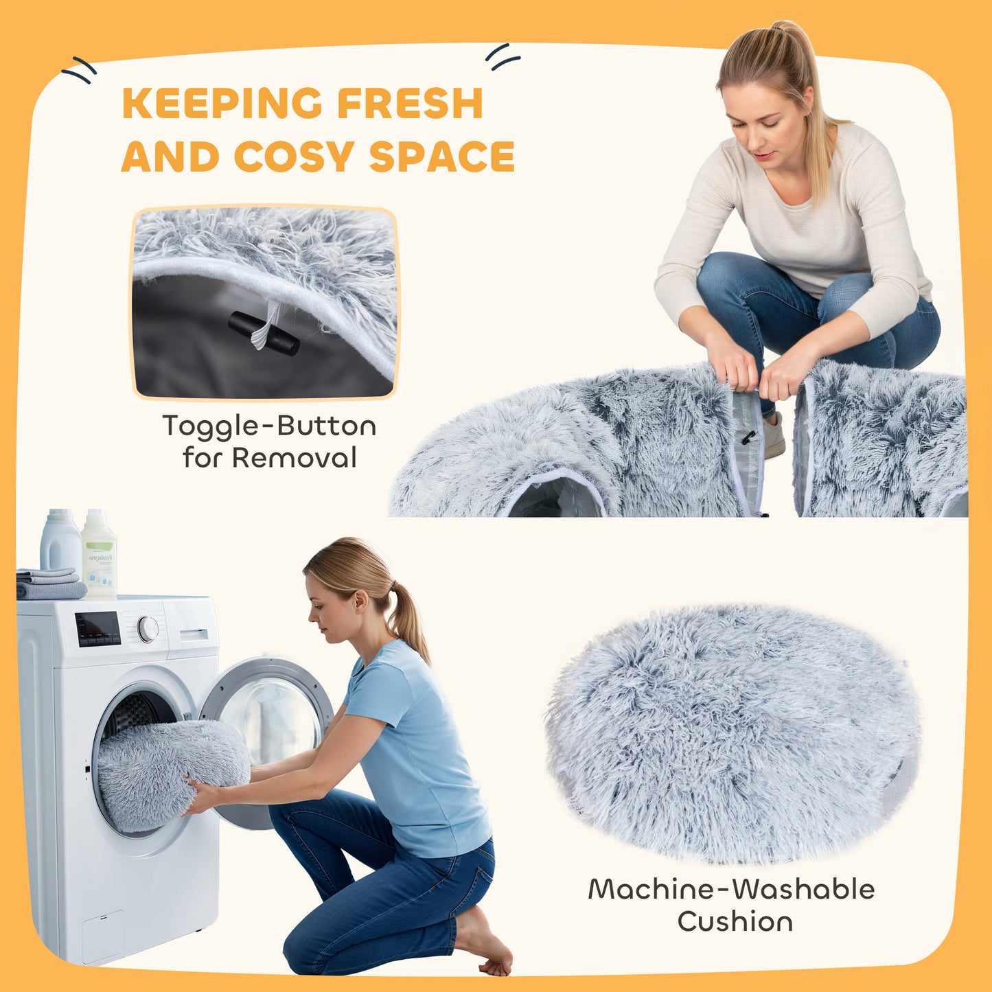 Cat Tunnel for Indoor Cats, 90cm Large Donut Play Tunnel Bed with Washable Cushion, Toy Ball and Door Hole, Pet Play Rabbit Tube Toy, Light Grey