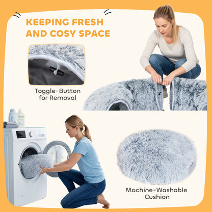 Cat Tunnel for Indoor Cats, 90cm Large Donut Play Tunnel Bed with Washable Cushion, Toy Ball and Door Hole, Pet Play Rabbit Tube Toy, Light Grey