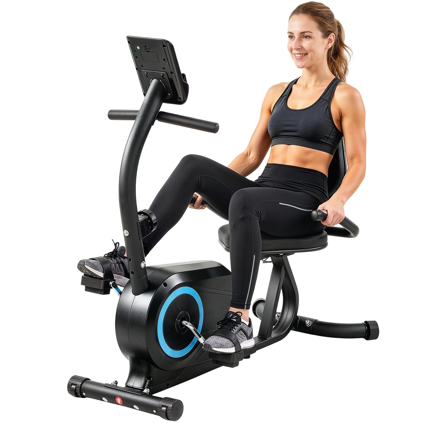 Recumbent Exercise Bike for Home, Indoor Stationary Bike for Seniors with Bluetooth, App Connectivity, 8-Level Magnetic Resistance, LCD Display, Pulse Sensors, Adjustable Seat and Wheels