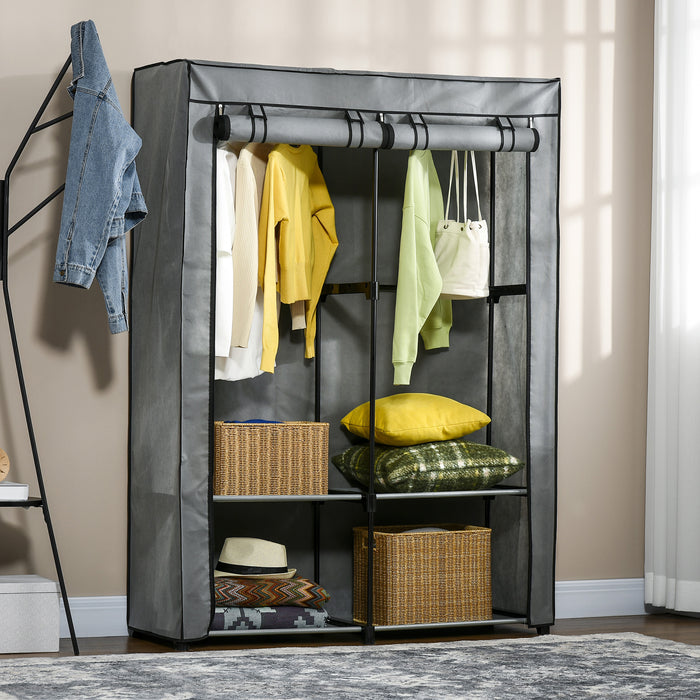 Fabric Wardrobe, Portable Fabric Cabinet, Foldable Coat Rack with 4 Shelves, 2 Hanging Rails, 118 x 49 x 170 cm, Grey