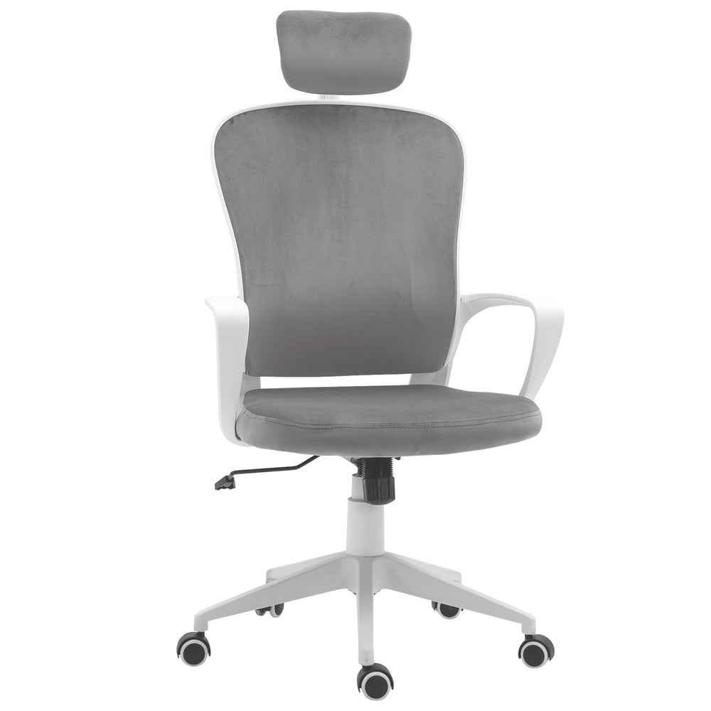 High-Back Swivel Chair Velvet Style Fabric Computer Home Rocking with Wheels, Rotatable Liftable Headrest, Grey