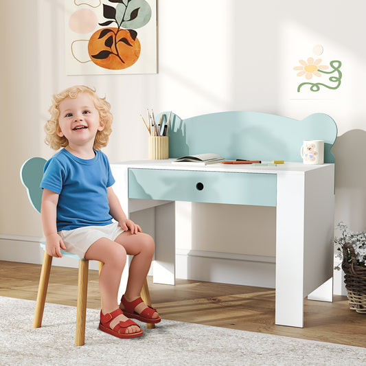 Kids' Desk and Chair Set with Storage Drawer and Bear Backrest - Green & White