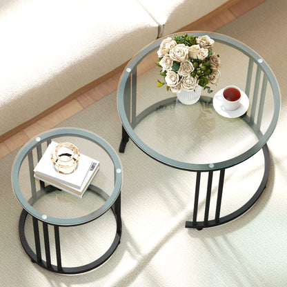 2 Pieces Round Nesting Coffee Tables with Tempered Glass Top, Black