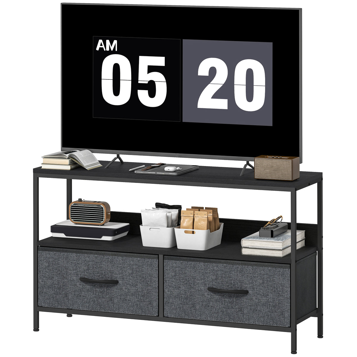 TV Cabinet, TV Console Unit with 2 Foldable Linen Drawers Black
