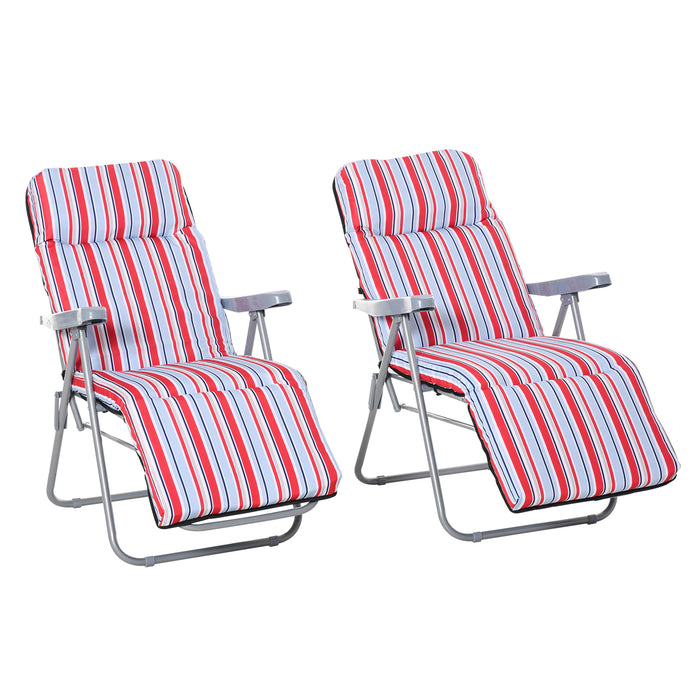 Set of 2 Garden Sun Lounger Outdoor Reclining Seat Cushioned Seat Foldable Adjustable Recliner Red and White