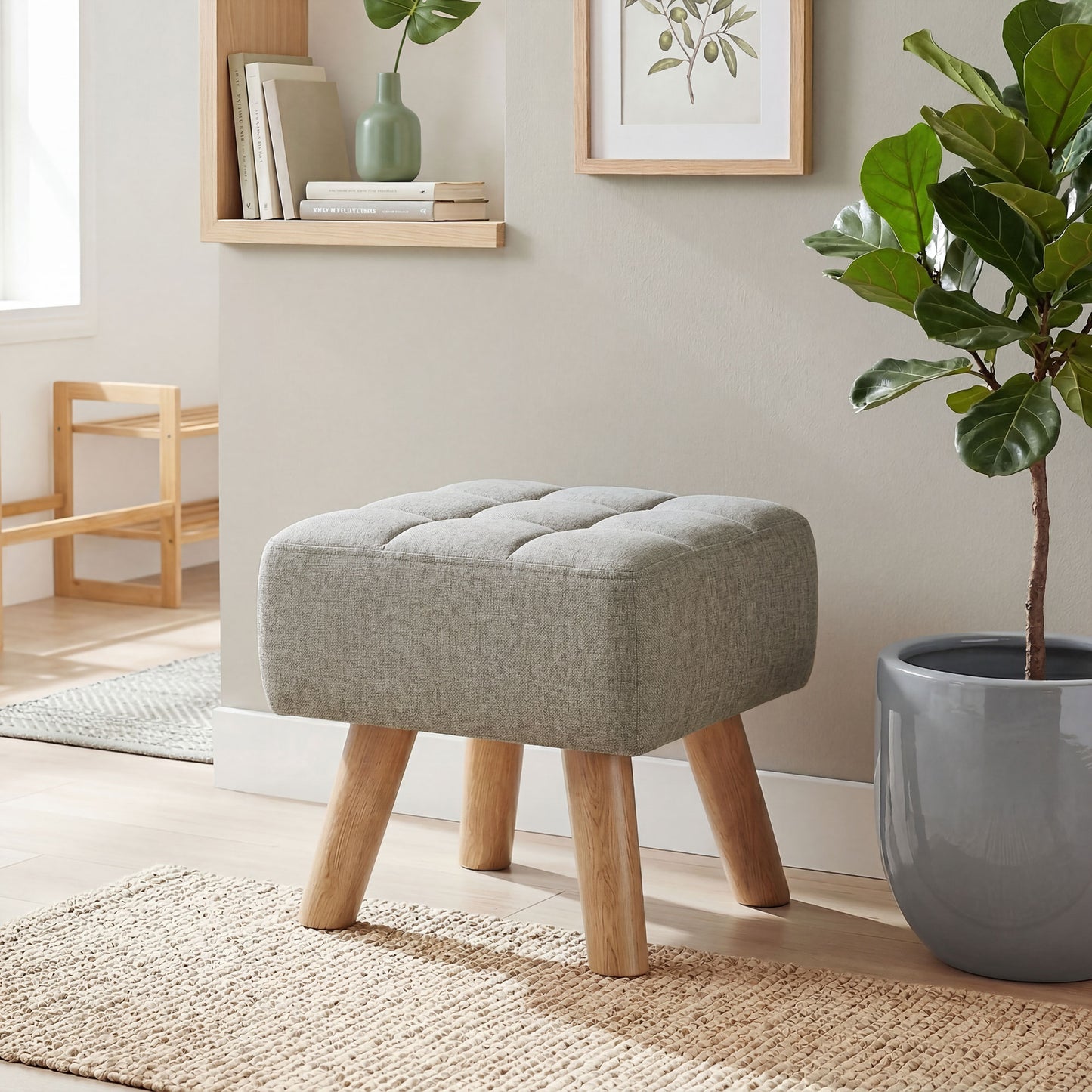 Modern Footstool, Fabric Foot Rest with Rubber Wood Legs, Brown