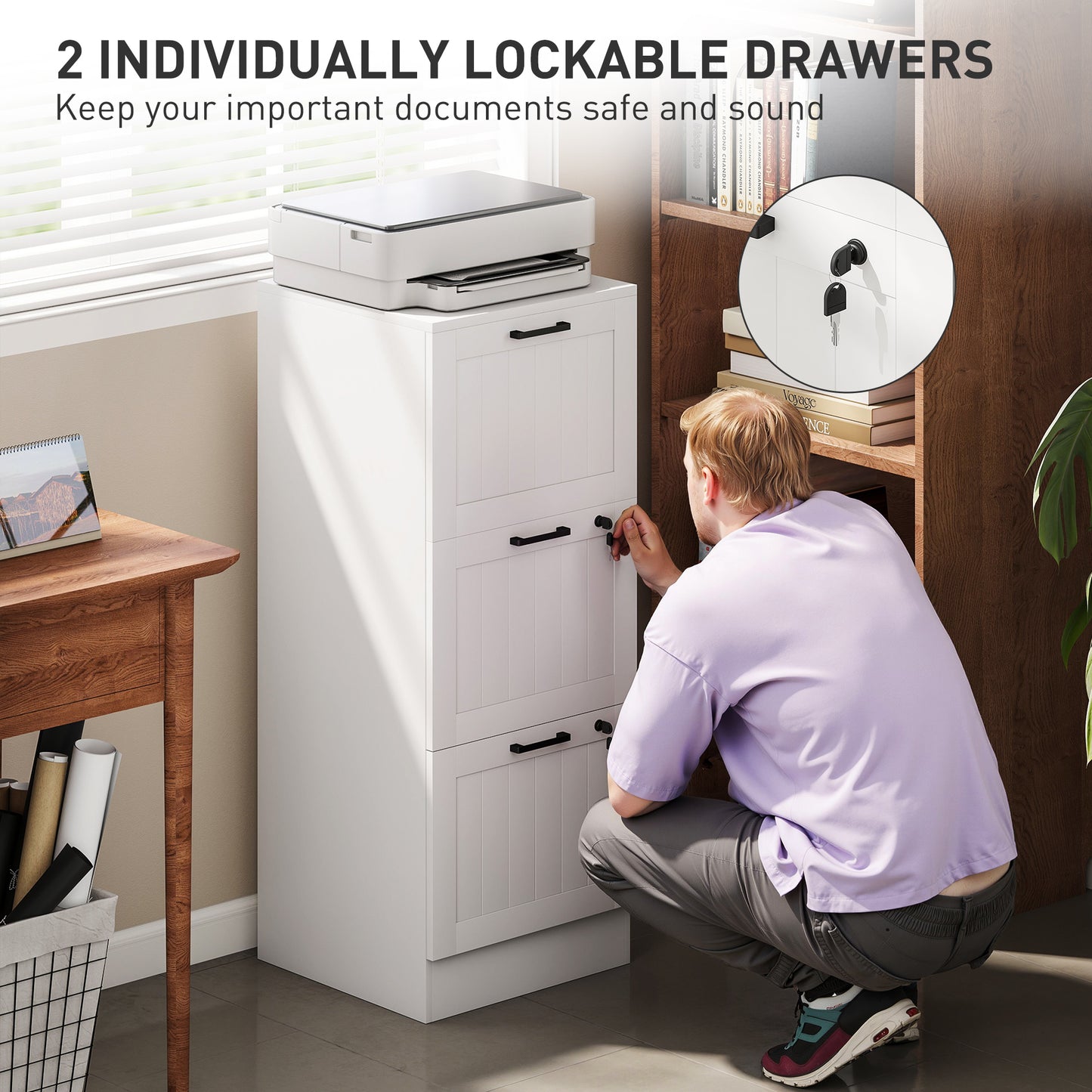 3 Drawer File Cabinet with Lock and Adjustable Hanging Bars, White