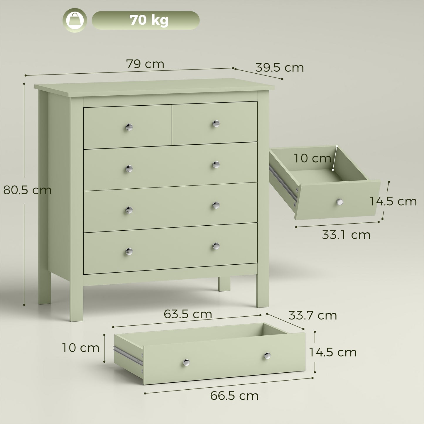 Modern Dresser with 5 Drawers for Living Room, Hallway, Sage Green