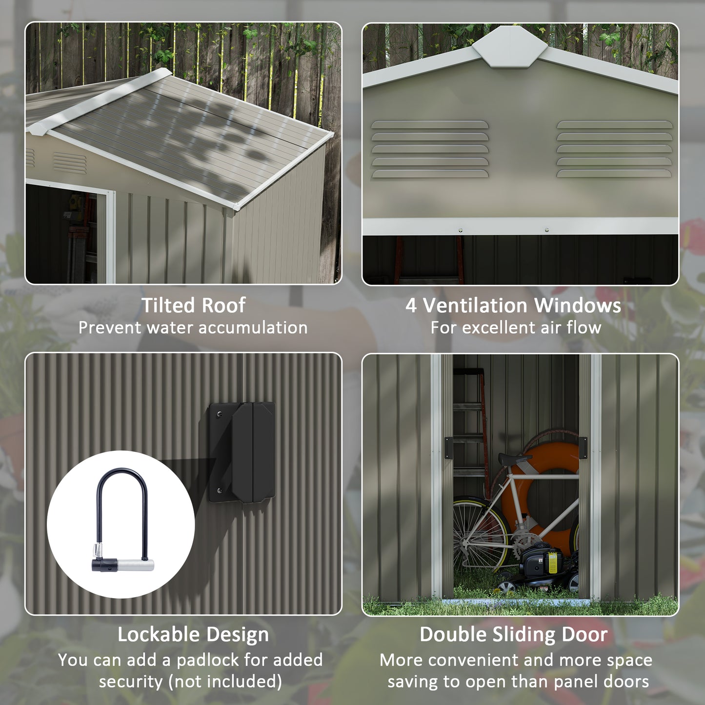 8 x 6ft Outdoor Garden Storage Shed Metal Tool House with Ventilation and Sliding Doors Light Grey