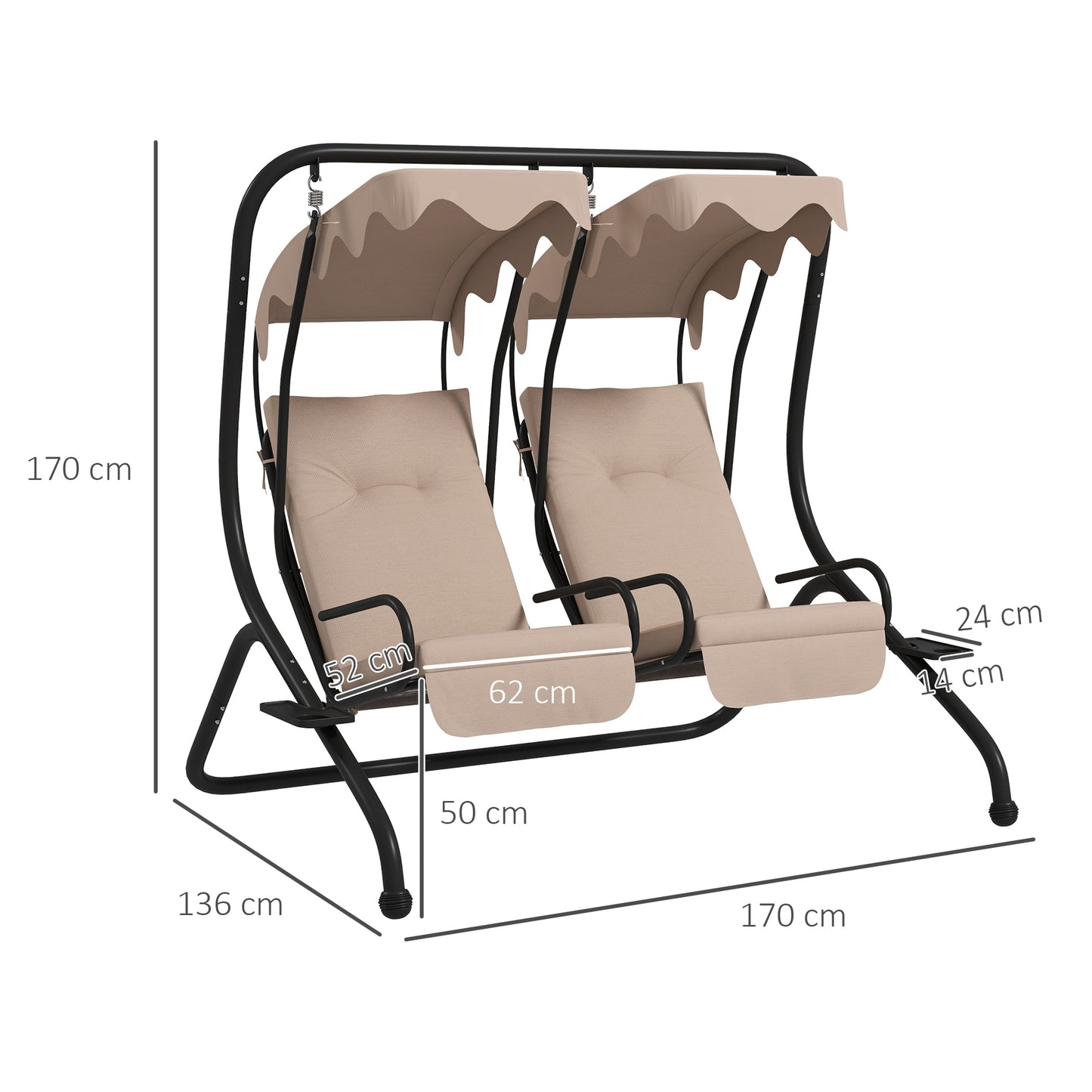Canopy Swing 2 Separate Relax Chairs w/ Handrails, Cup Holders Beige