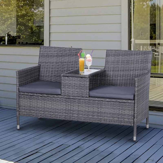 Outsunny Garden Rattan 2 Seater Companion Seat Wicker Love Seat Weave Partner Bench with Cushions Patio Outdoor Furniture (Grey)