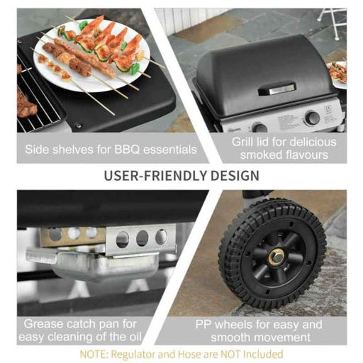 2 Burner Gas Barbecue Grill with Side Shelves & Wheels