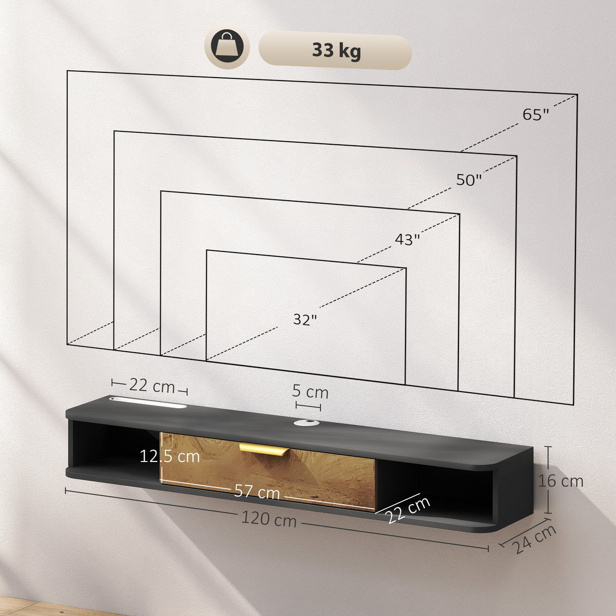 120 cm Floating TV Unit with Storage Entertainment Media Console Grey