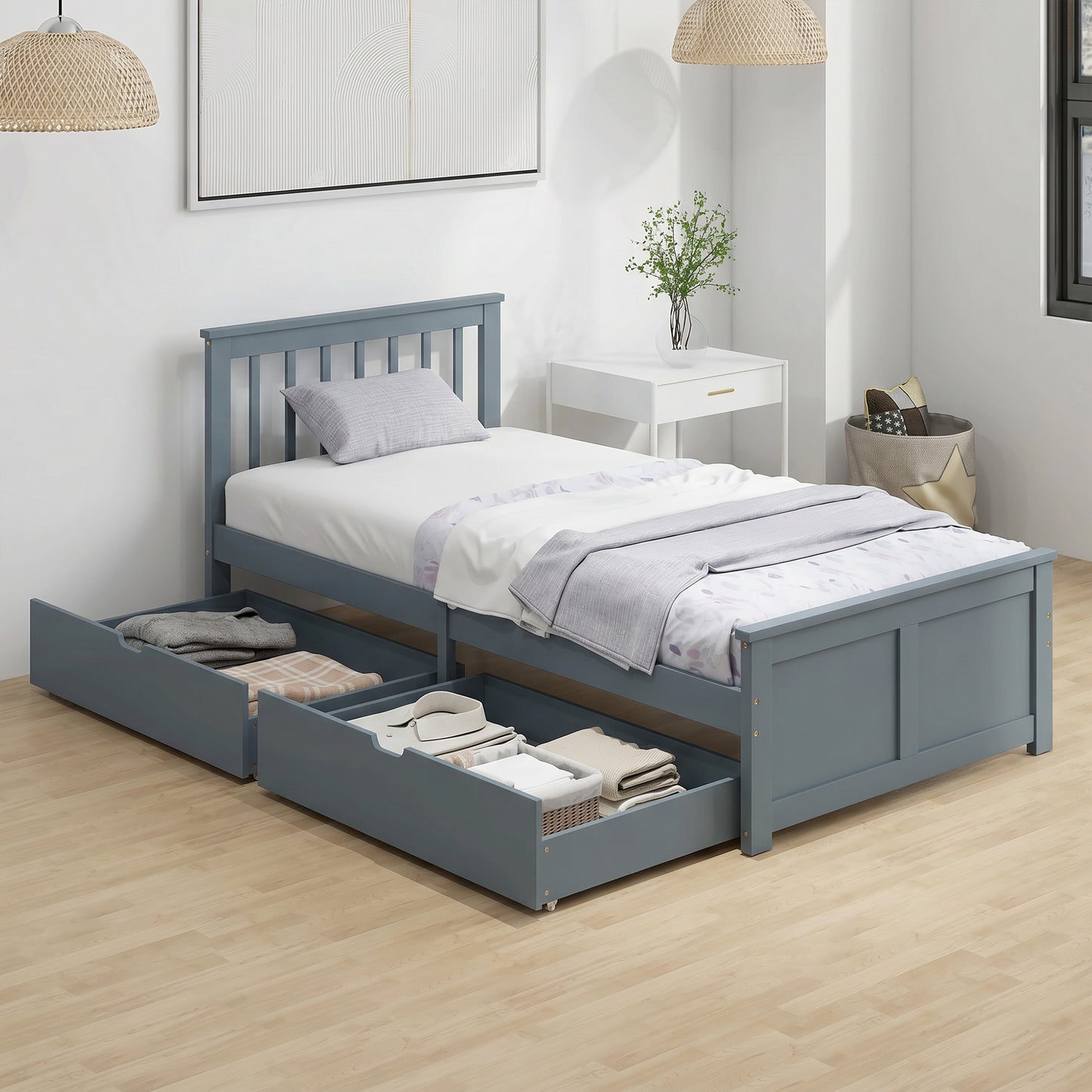 Storage Bed with 2 Drawers, Headboard, Wood Slat Support, Grey