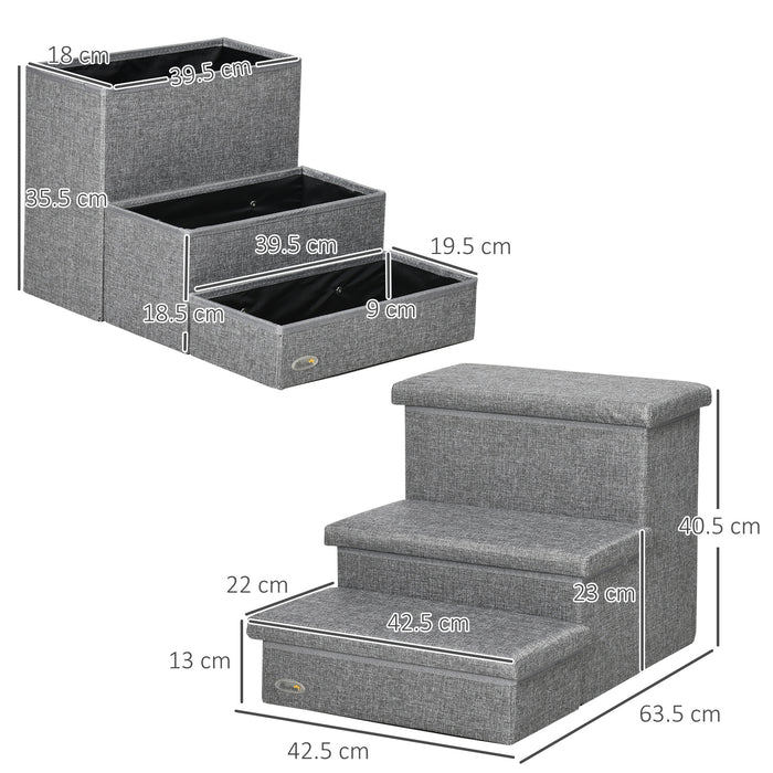 3 Step Dog Steps with Storage Boxes, Cat Stairs for Bed Sofa, Light Grey