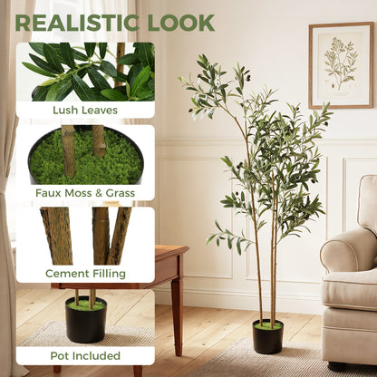 148 cm Decorative Artificial Plant, Silk Olive Tree with 553 Leaves in Cement Pot, Fake Plant for Home, Office, Living Room, Indoor Decor