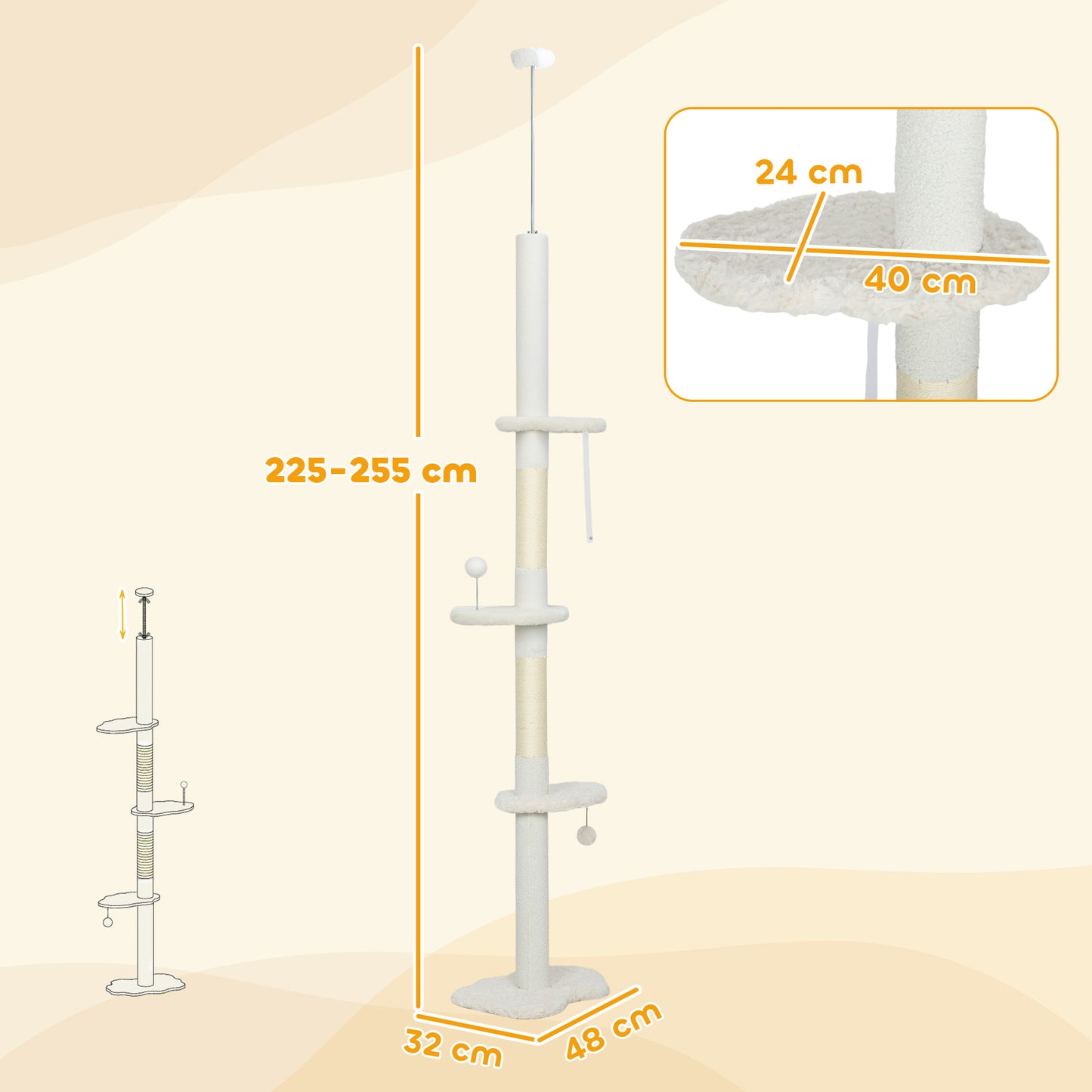  225-255 cm Adjustable Cat Tree with Sisal Scratching Posts, Beige