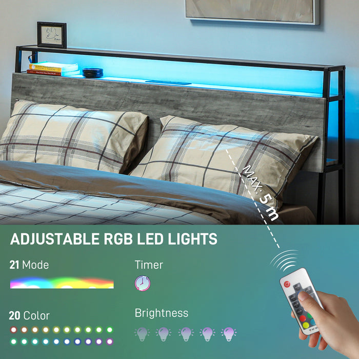 LED King Bed Frame with Charging Station, 150 x 200cm, Cement Grey