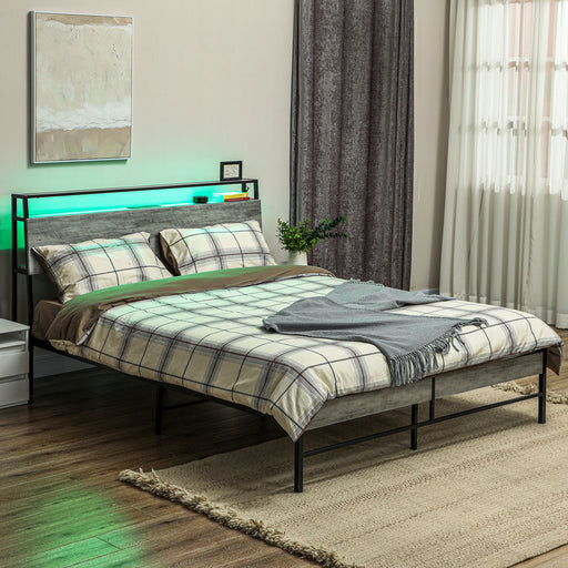 LED King Bed Frame with Charging Station, 150 x 200cm, Cement Grey