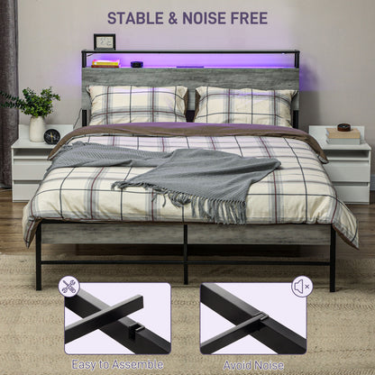 LED King Bed Frame with Charging Station, 150 x 200cm, Cement Grey