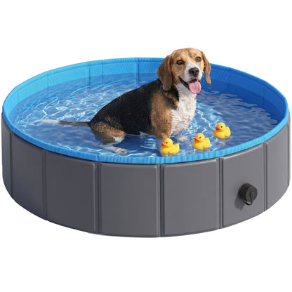 Foldable Dog Pool for Puppies and Ducks, Thickened PVC Dog Paddling Pool Bath Tub Hard Board, Anti-Slip Bottom and Hose Adapter for Easy Drainage, 100 x 30cm, Blue and Dark Grey