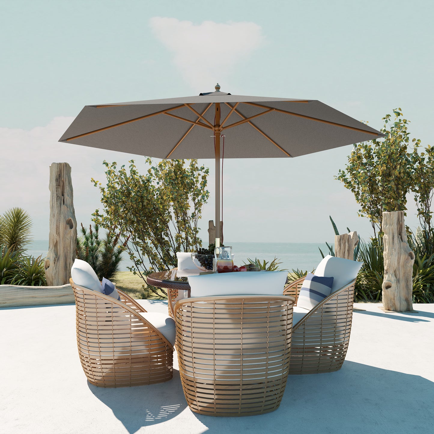 2.5m Wood Garden Parasol Sun Shade Outdoor Wooden Umbrella Canopy