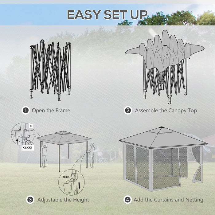 3 x 3(m) Pop Up Gazebo Party Tent with Solar-Powered LED Lights, Adjustable Event Shelter with Curtain, Netting, Grey