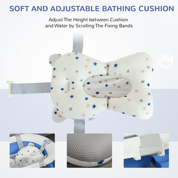 Collapsible Baby Bath Tub Foldable Ergonomic w/ Cushion Temperature Sensitive Water Plug Non-Slip Support Leg Portable for 0-3 Years, Blue