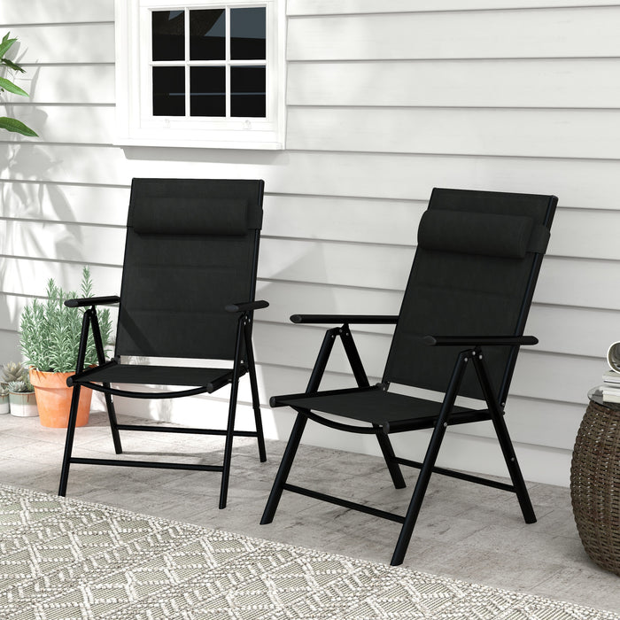 Set of 2 Patio Folding Chairs w/ Adjustable Back, Garden Dining Chairs w/ Breathable Mesh Fabric Padded Seat, Backrest, Headrest, Black