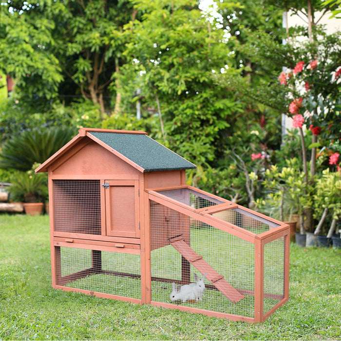 2 Tier Rabbit Cage, Solid Wood Bunny House, Water Resistant Asphalt Roof Ramp Sliding tray 144 x 64.5 x 100 cm Red/Brown