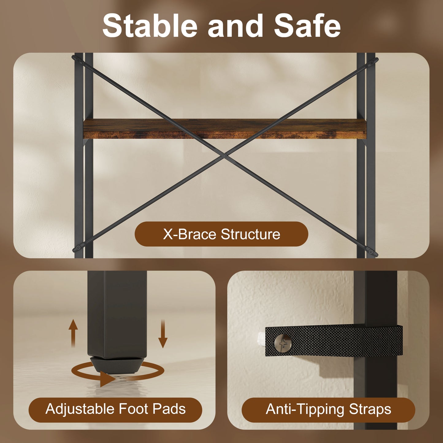 Industrial Bookshelf, Freestanding Bookcase, Rustic Brown and Black